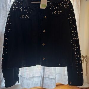 Black Pearl-Embellished Denim Jacket
